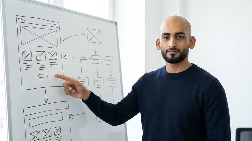 Ayoub Bouders, eigenaar van Abe IT, legt een websiteschets uit op een whiteboard